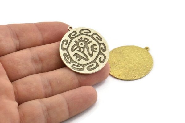 Mayan Pendant, Silver Mayan Charm, Brass Mayan Charm, Mayan Civilization Symbol, Mayan Charm, Aztec Pendant, Aztec Mayan (34x31x1.2mm) N1388 For Sale - Image 4