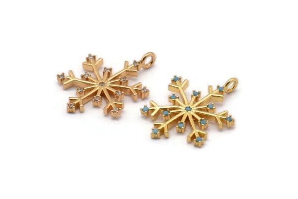 Gold Snowflake Charm, 2 Gold Plated Snowflake, Cubic Zircon, CZ Pave Snowflake Charm, Zircon Charm Pendant With 1 Loop (24x18mm) SY0122 Hot on Sale