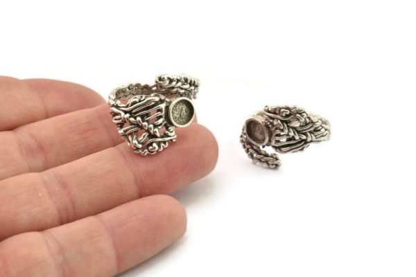 Silver Ring Setting, Antique Silver Plated Brass Adjustable Rings With 1 Stone Settings - Pad Size 6mm N2553 H1658 Supply - Image 3
