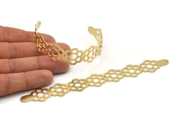 Brass Bracelet Blank, 2 Raw Brass Flat Bracelet With 2 Holes, Flower Bracelet Findings (145x18x0.80mm) SMP0846 on Sale - Image 3