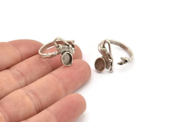 Silver Ring Setting, Antique Silver Plated Brass Adjustable Rings With 1 Stone Settings - Pad Size 6x8mm N2562 H1654 For Discount - Image 2
