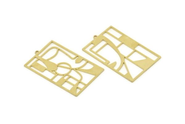 Brass Face Charm, Raw Brass Man And Woman Face Charms With 1 Loop, Findings (42x26x0.80mm) SMP1709 A6302 Online Hot Sale - Image 2