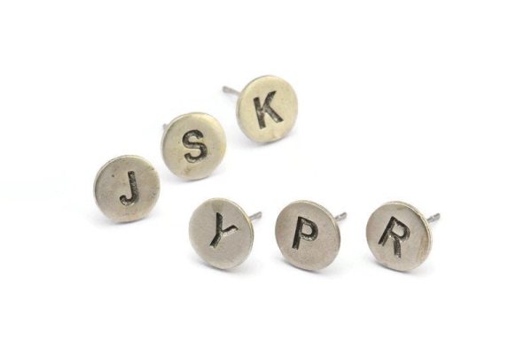 Silver Letter Earring, 4 Antique Silver Plated Brass Alphabets, Alphabet Stud Earrings, Initial Earrings, Personalized Ear Stud (9mm) F063 For Sale - Image 2