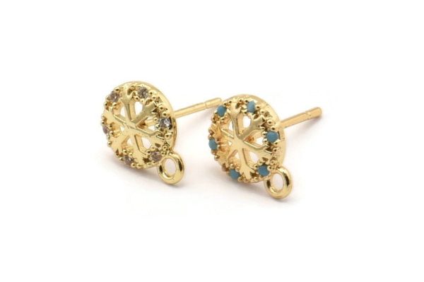 Gold Snowflake Earring, 4 Gold Plated Brass Round Shaped Snowflake Stud Earrings With 1 Loop, CZ Pave, Zircon Stud Earrings (10x8mm) SY0201 For Cheap