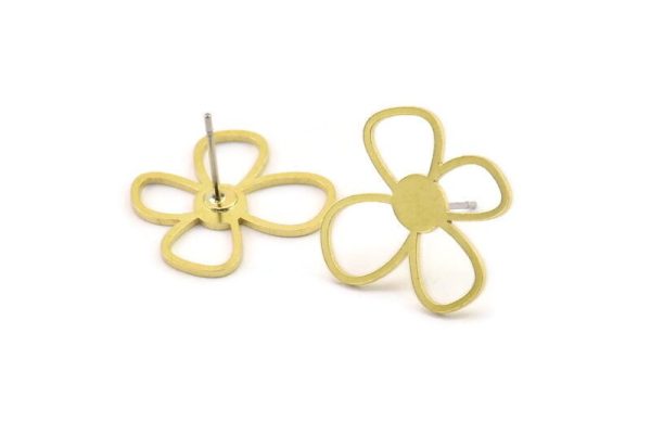Earring Studs, 6 Raw Brass - Flower Earrings - Brass Earrings - Earrings (20x18x0.80mm) A6002 Online now