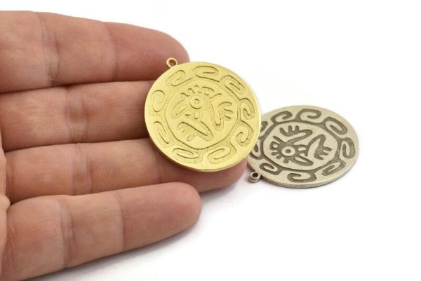 Mayan Pendant, Silver Mayan Charm, Brass Mayan Charm, Mayan Civilization Symbol, Mayan Charm, Aztec Pendant, Aztec Mayan (34x31x1.2mm) N1388 For Sale - Image 5