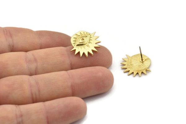 Gold Eye Earring, 2 Gold Plated Brass Eye Stud Earrings (19x16x1mm) N1324 Online Sale - Image 4