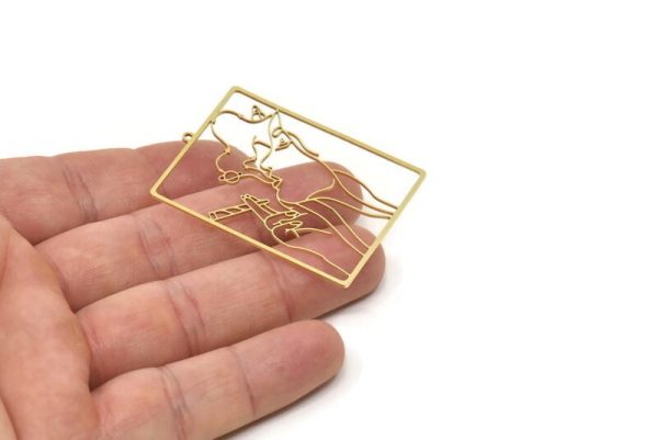 Brass Face Charm, Raw Brass Woman Pendants With 1 Loop (47x35x0.80mm) SMP1708 Online - Image 2