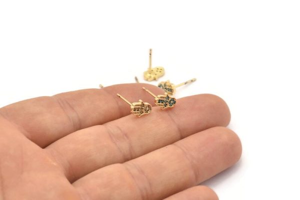 Gold Hamsa Earring, 4 Gold Plated Hamsa Hand, Cubic Zircon, CZ Pave Hand Earring, Zircon Stud Earrings, Hand Of Fatima (8x6mm) SY0181 For Discount - Image 3