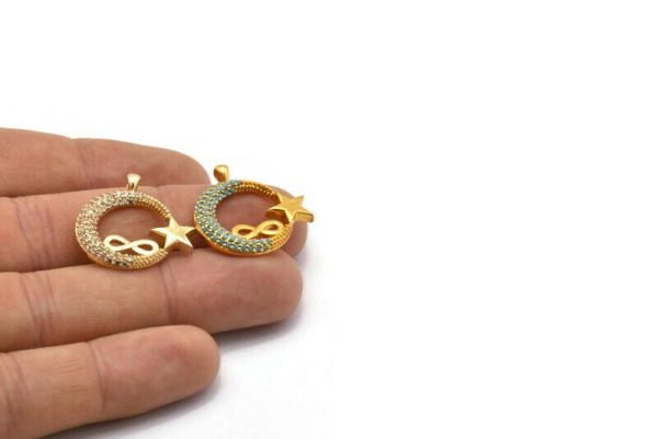 Gold Moon And Star Charms, Gold Plated Brass Crescent Moon And Star Charm With 1 Loop, Pendants, Earring Findings (25x24mm) SY0112 Online now - Image 5