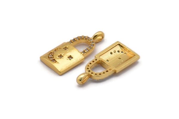 Gold Lock Charms, 4 Gold Plated Brass Lock Shaped Charms With 1 Loop, Pendants, Earring Findings (21x10mm) SY0092 For Sale - Image 4