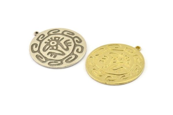 Mayan Pendant, Silver Mayan Charm, Brass Mayan Charm, Mayan Civilization Symbol, Mayan Charm, Aztec Pendant, Aztec Mayan (34x31x1.2mm) N1388 For Sale